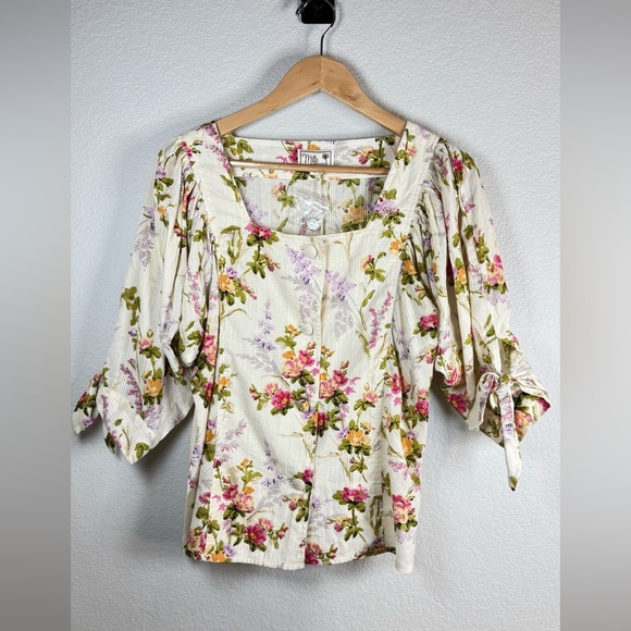 Mille Resort Travel Evelyn Top Floral Boho V-Neck 100% Cotton Blouse Size Large - Picture 4 of 9